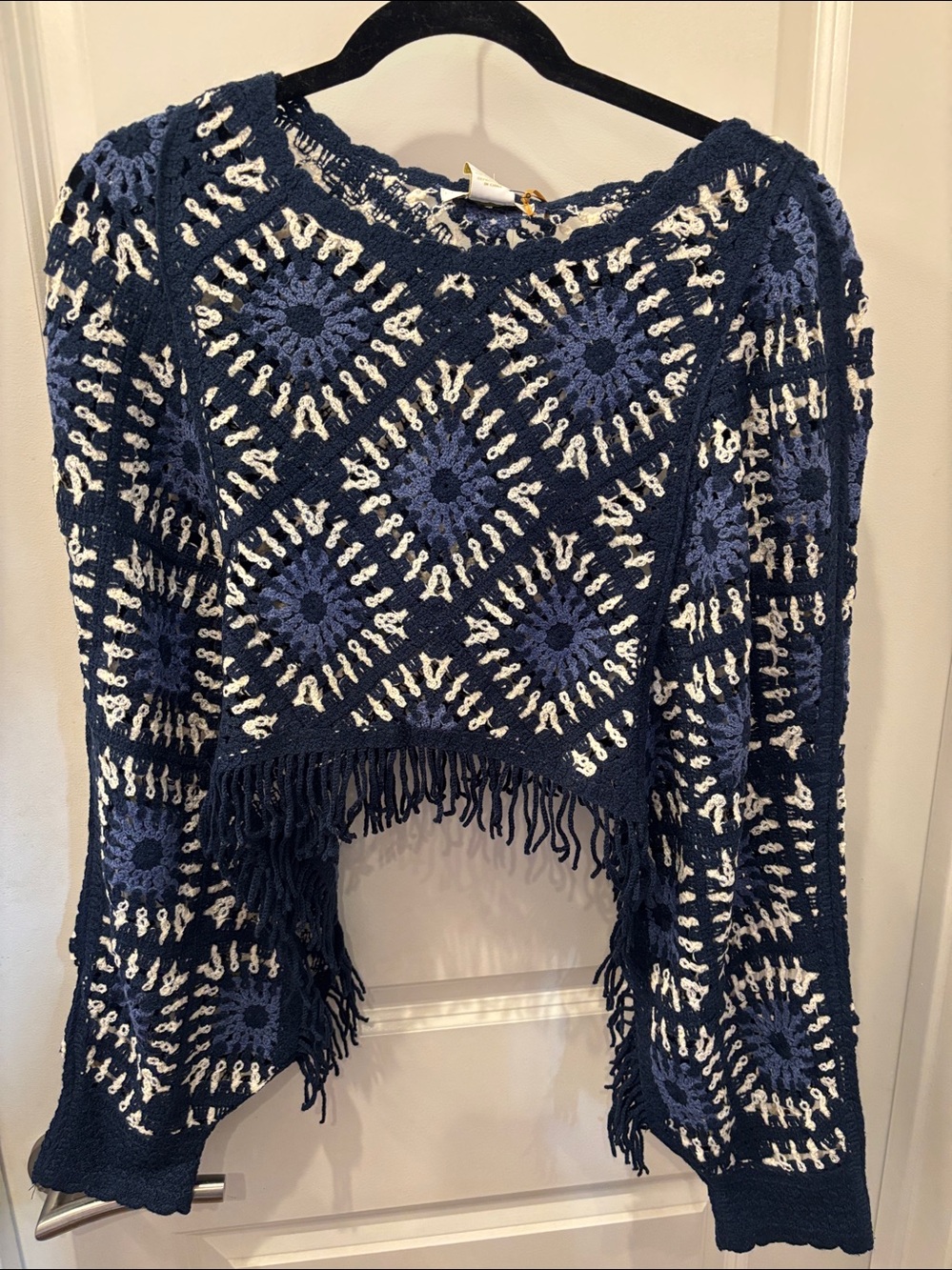 NWT House of Harlow 1960 Blue Geometric design Crochet fringe poncho